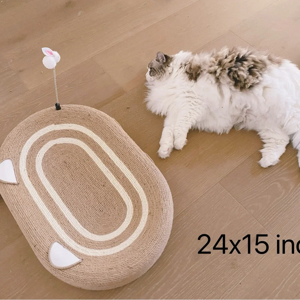 Oval Sisal Cat Scratcher Bed, 24x15 Inch for Big Cats with Spring Teaser Cat Toy